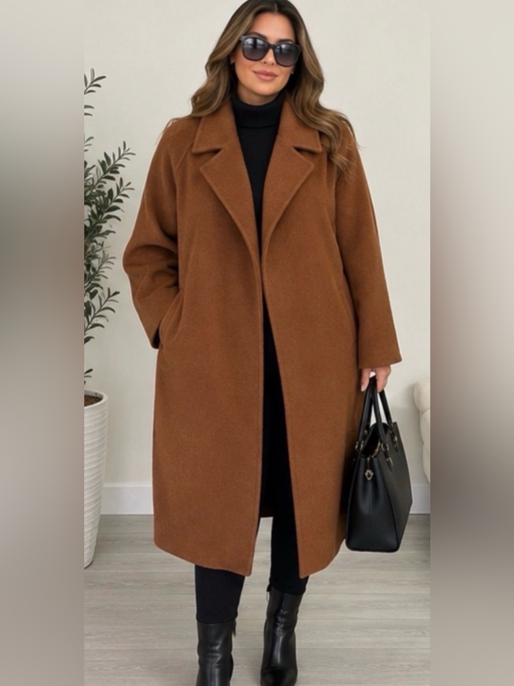 Melanie Lyne Laura Plus Wool Blend Long Coat Brown Size 24